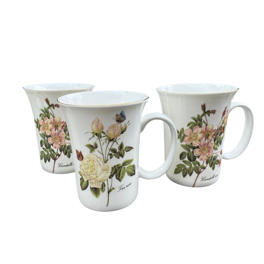Stechcol Gracie Bone China Botanical Rose Coffee Mugs Set of 3 Gold Rimmed
